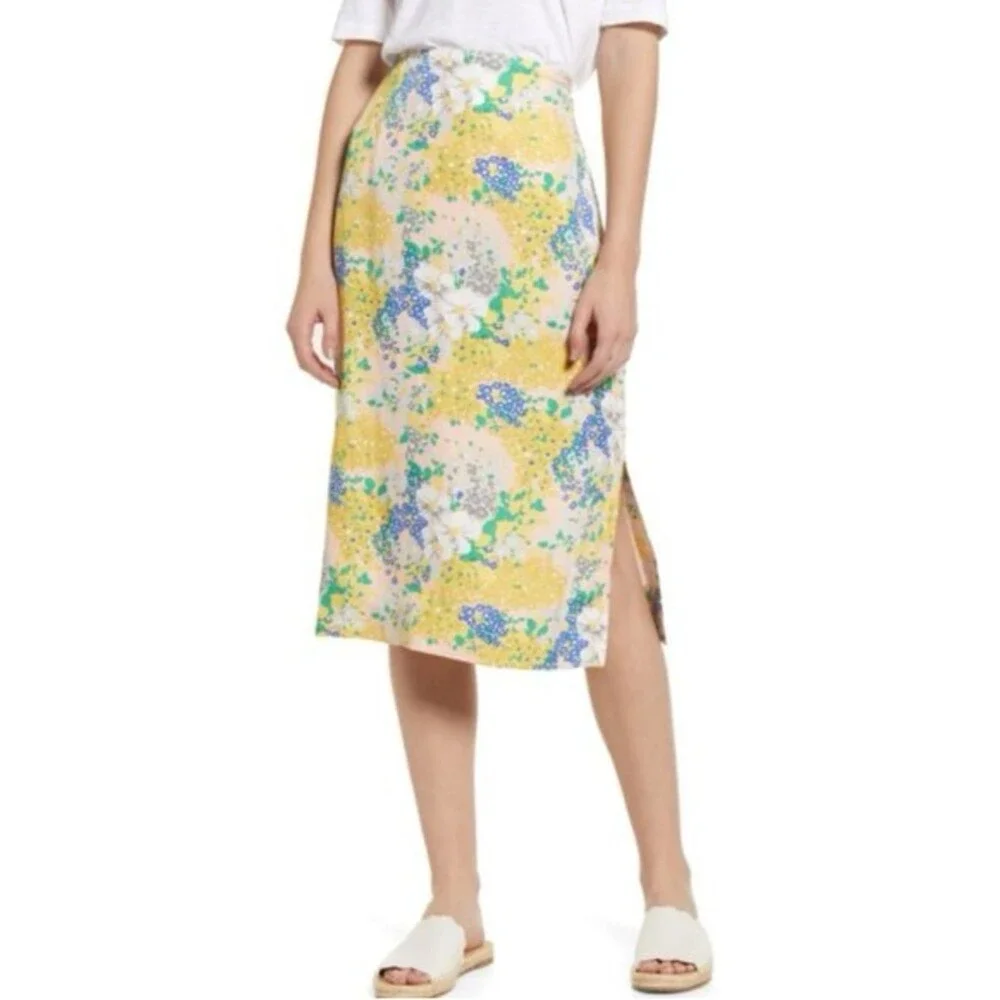 J Crew Tamara Lemon Yellow Floral Midi Slip Skirt Sz 8
